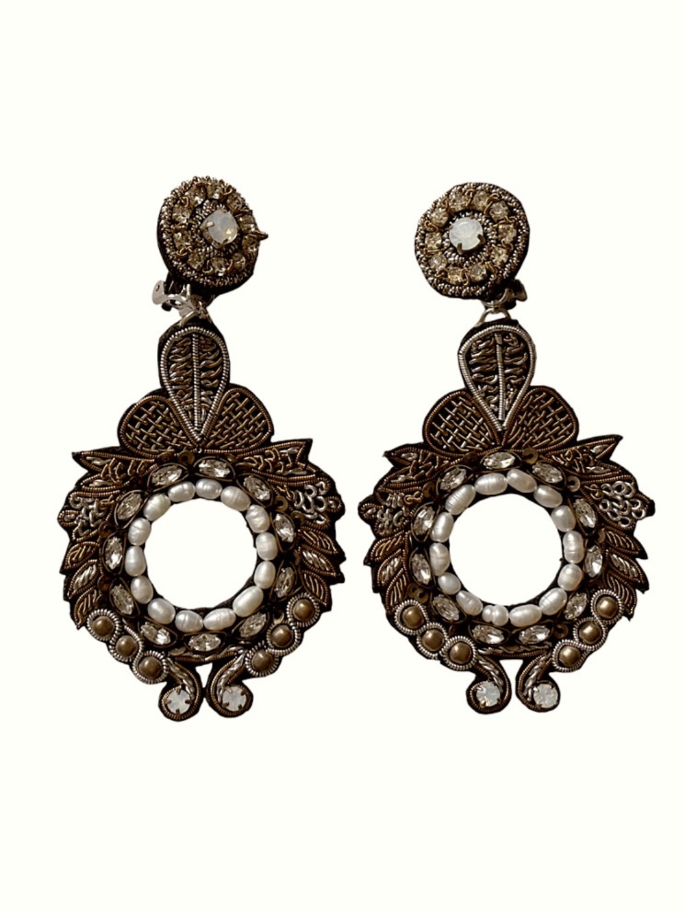 RANJANA KHAN Artisan Beaded Drop Pearl & Semi-Precious Gemstone Clip On Earrings